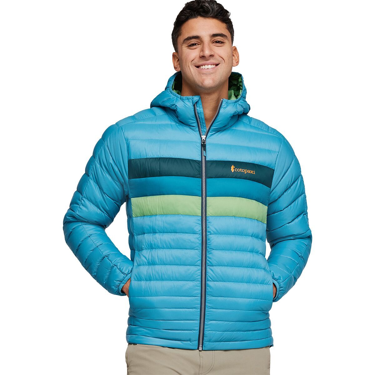Cotopaxi Fuego Hooded Down Jacket - Men's Poolside Stripes, 3XL