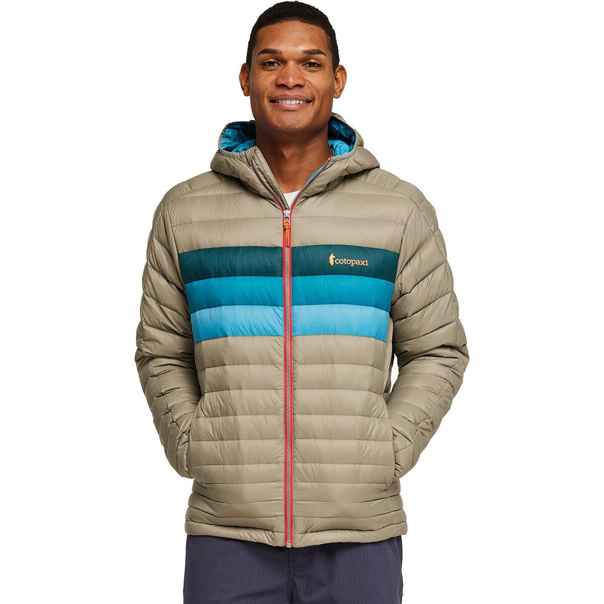 Image of Cotopaxi Fuego Hooded Down Jacket - Men's Stone Stripes, 3XL