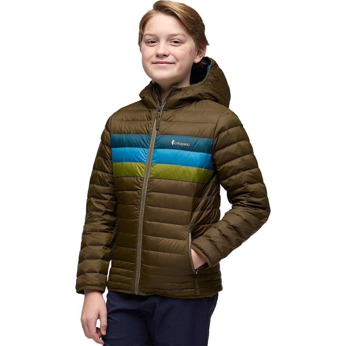Cotopaxi Fuego Down Hooded Jacket - Boys' Live Oak Stripes, M