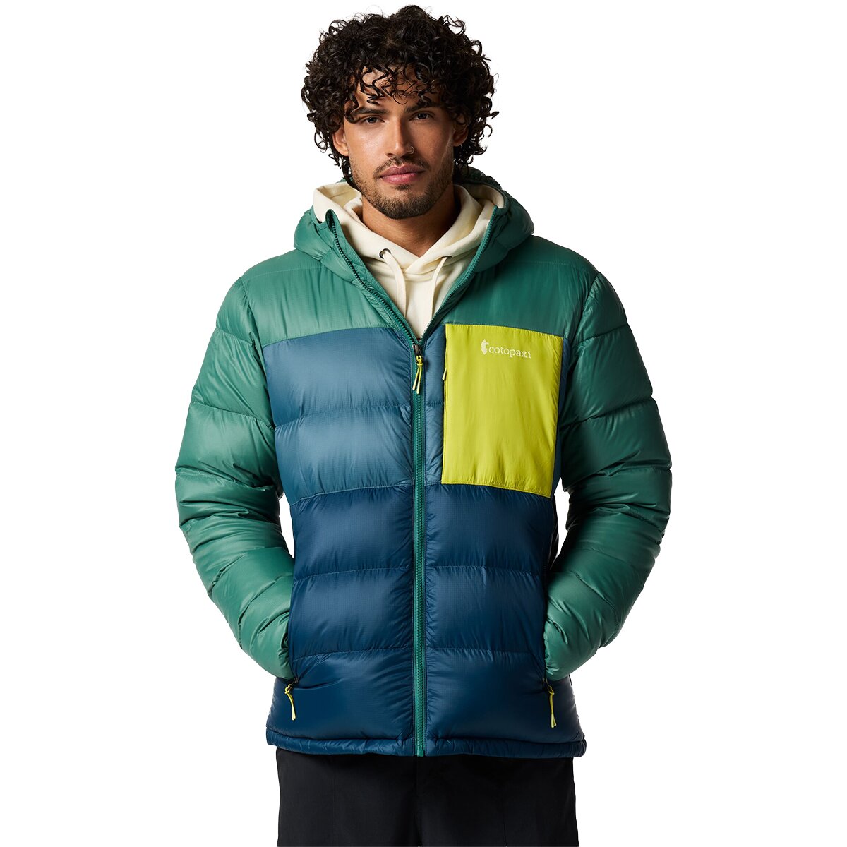 Image of Cotopaxi Fuego Max Down Hooded Jacket - Men's Juniper Ocean and Indigo, XL
