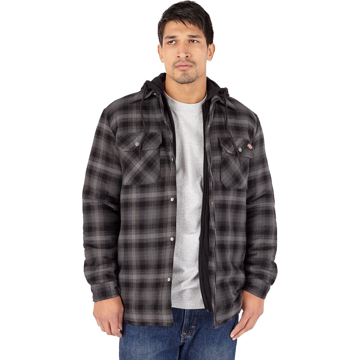 Dickies Fleece Hooded Flannel Shirt - Men's Black Ombre Plaid, M