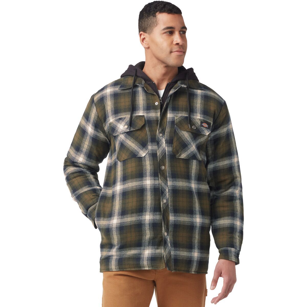 Dickies Fleece Hooded Flannel Shirt - Men's Black/Dark Olive/Antique White Ombre, L