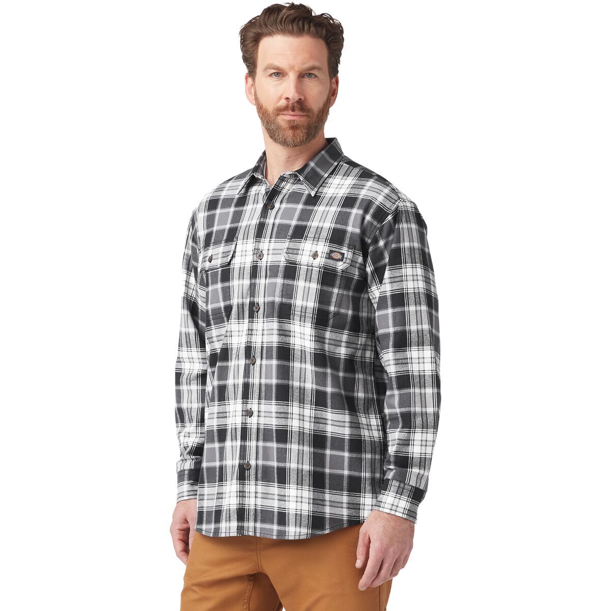 Dickies Flex Flannel Relaxed Long-Sleeve Shirt - Men's Black/Charcoal/White Multi Windowpane, XXL