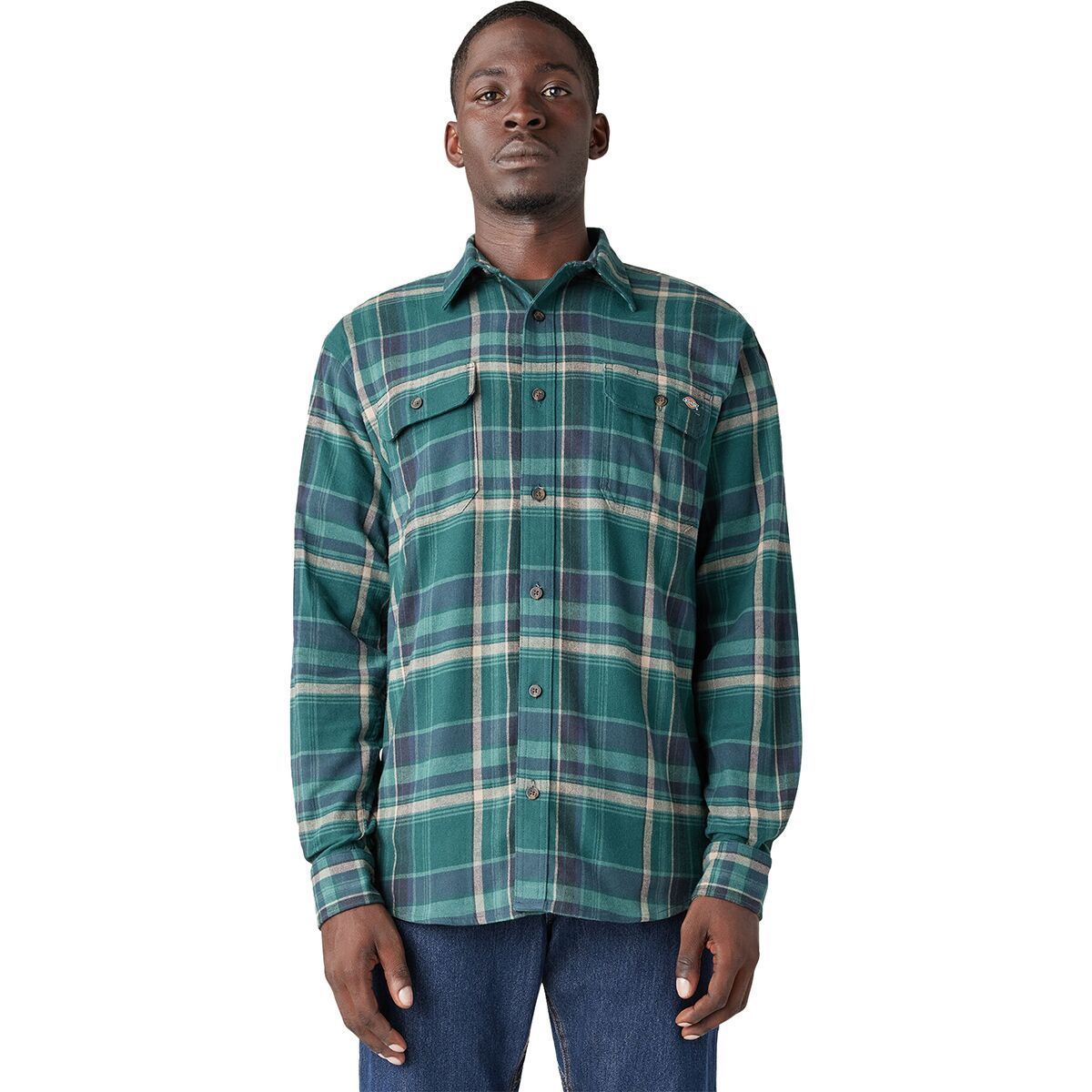 Image of Dickies Flex Flannel Relaxed Long-Sleeve Shirt - Men's Forest Green Multi Plaid, S