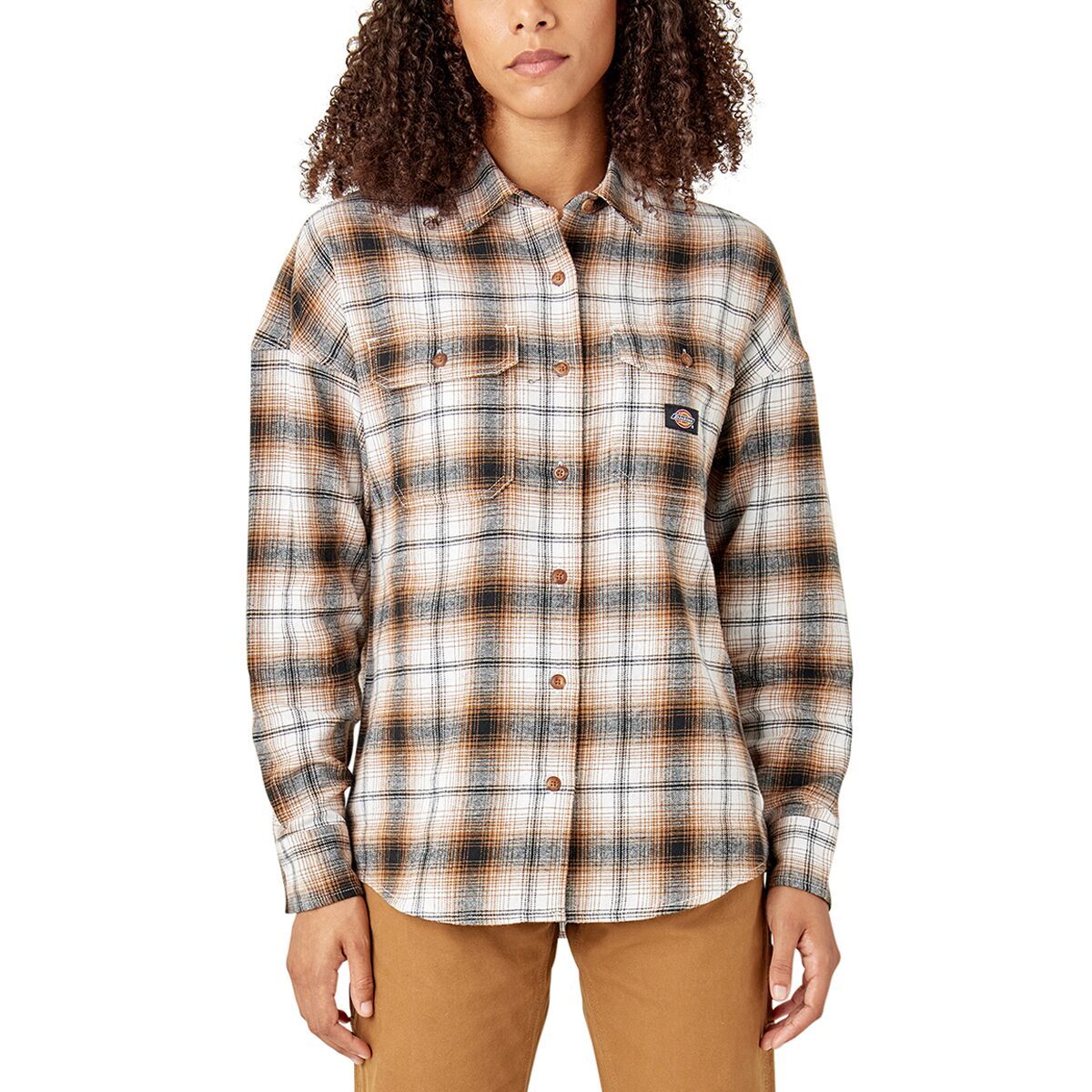 Image of Dickies WI Long-Sleeve Flannel Shirt - Women's Brown Duck/Black Ombre Plaid, XL