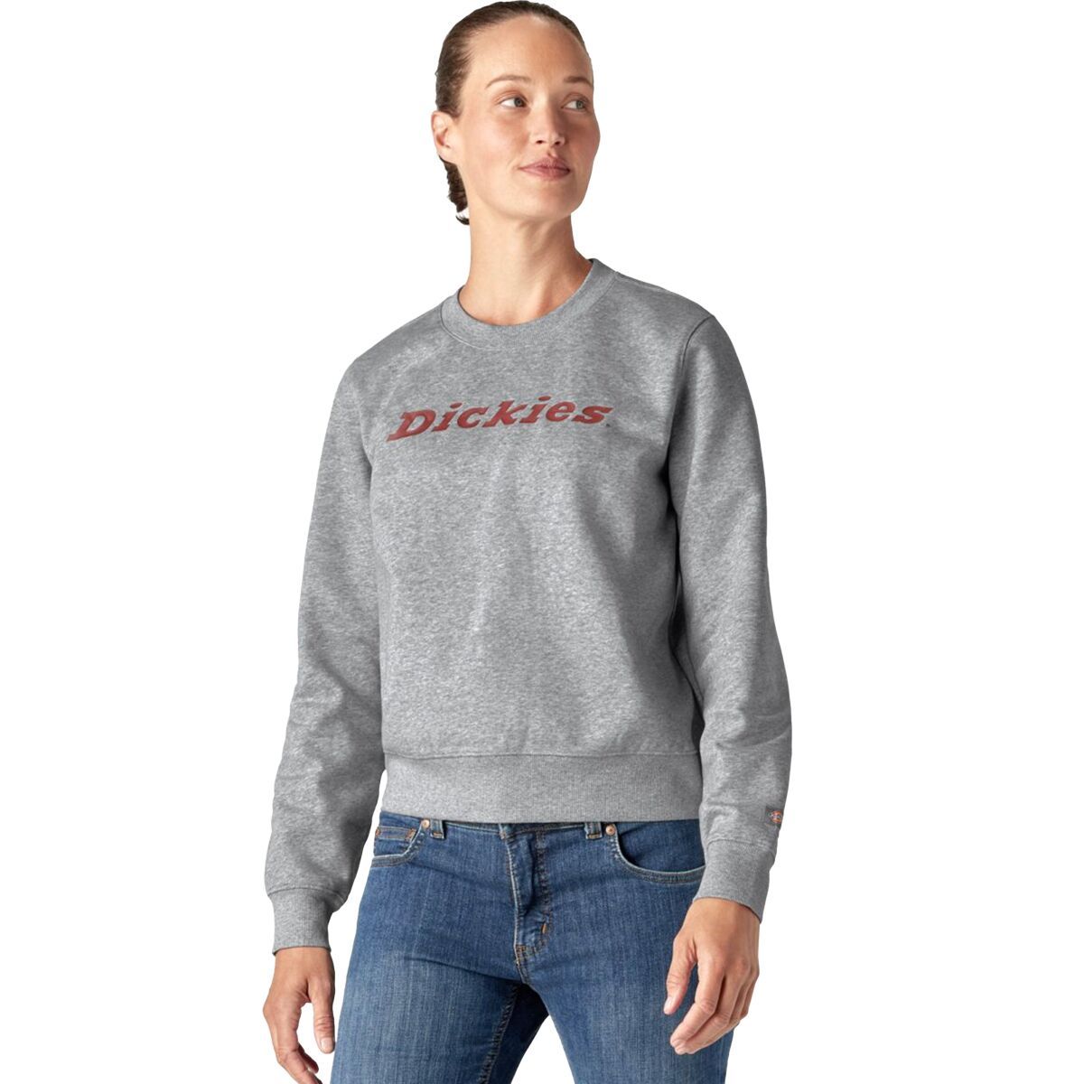 Image of Dickies Heavyweight Wordmark Crew Fleece - Women's Heather Gray/Fired Brick, L