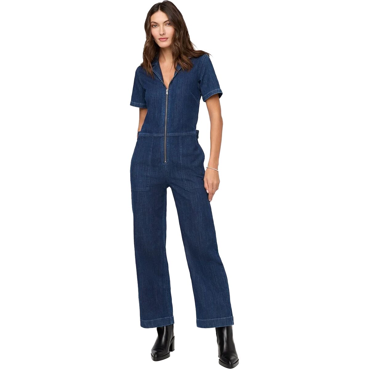 Image of DU/ER Performance Denim Short Sleeve Jumpsuit - Women's Dark Stone, L