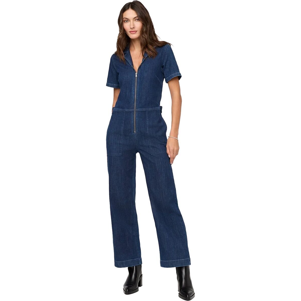 Image of DU/ER Performance Denim Short Sleeve Jumpsuit - Women's Dark Stone, M