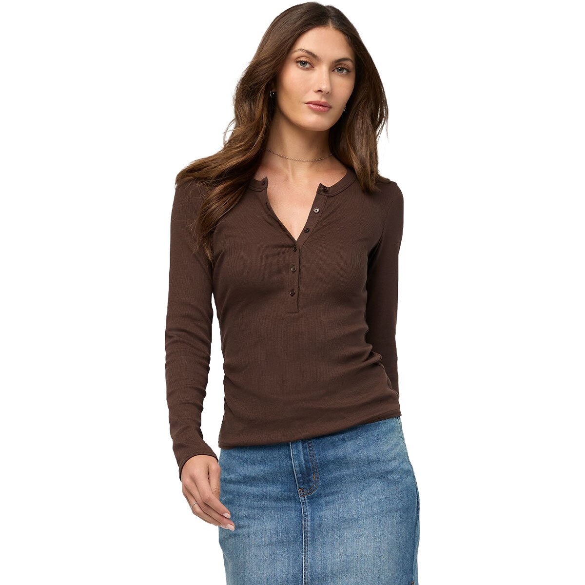 Image of DU/ER Ribbed Pima Long-Sleeve Henley Top - Women's Espresso, M