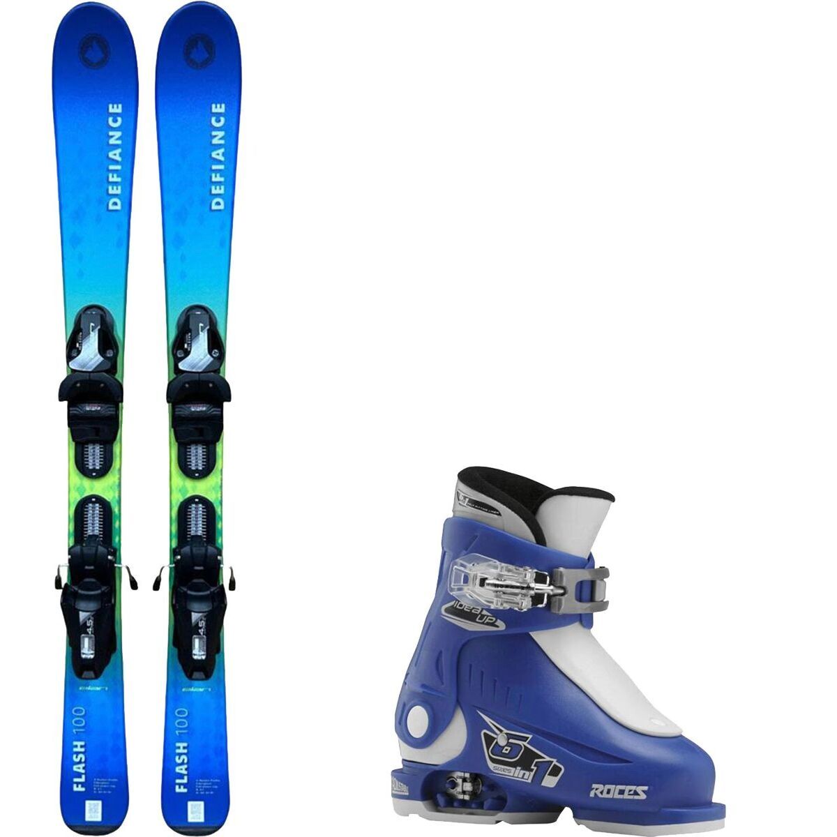 Image of Defiance Flash Junior Blue Ski Package+Roce Adjustable Ski Boots 2025 Ski Size 100cm, Boot Size 16.0-18.5