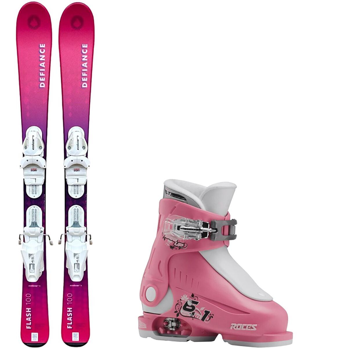 Image of Defiance Flash Junior Pink Ski +Roce Adjustable Ski Boot - 2026 Ski Size 120cm, Boot Size 16.0-18.5