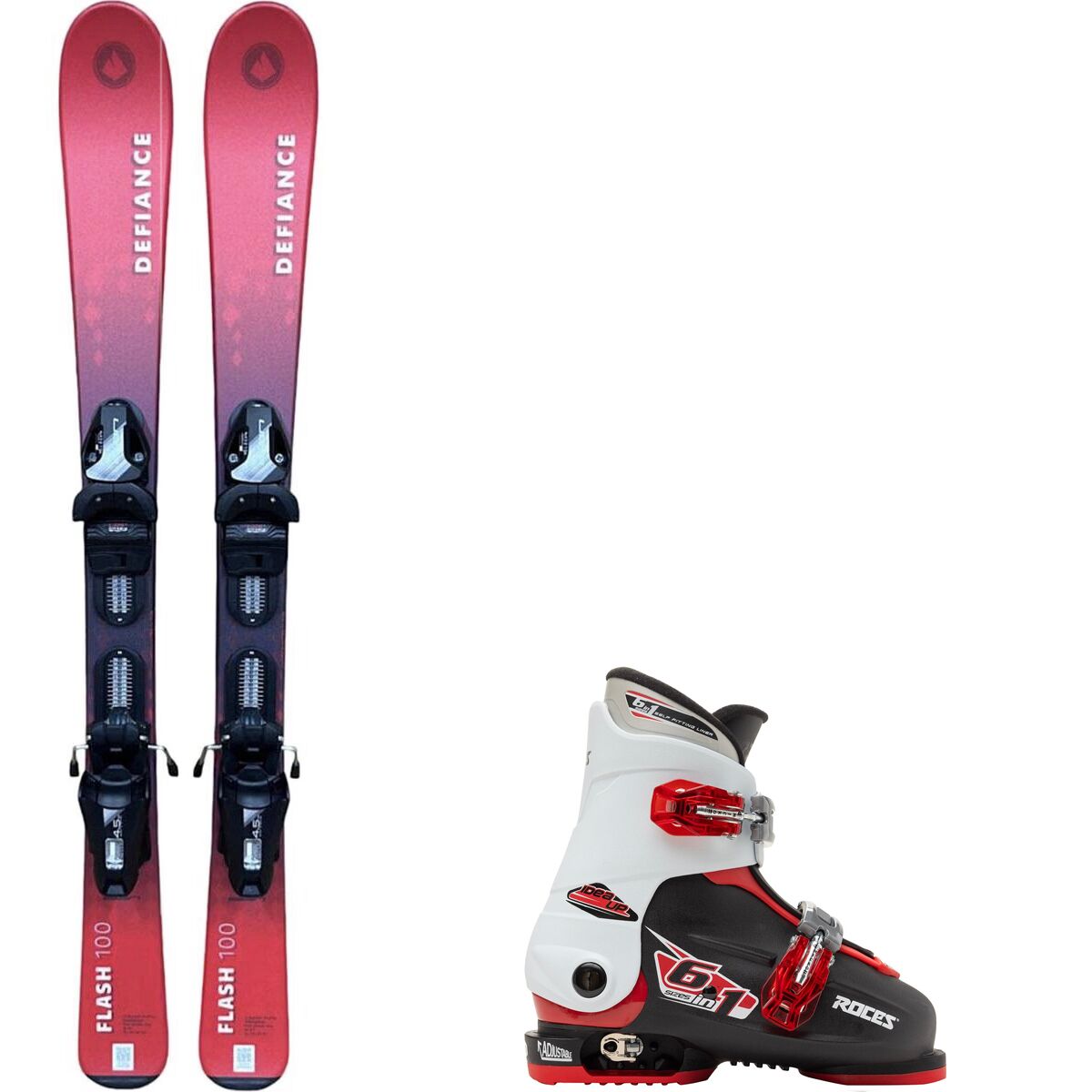 Image of Defiance Flash Junior Red Ski +Roce Adjustable Ski Boot - 2026 Ski Size 110cm, Boot Size 19.0-22.0