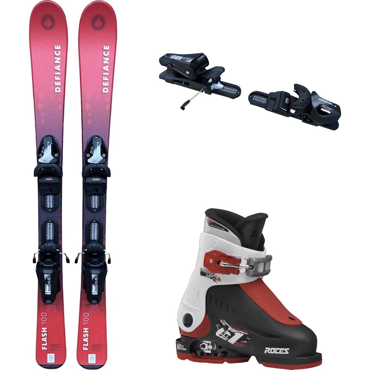 Image of Defiance Flash Junior Red Ski Package +Roce Adjustable Ski Boots 2025 Ski Size 100cm, Boot Size 16.0-18.5