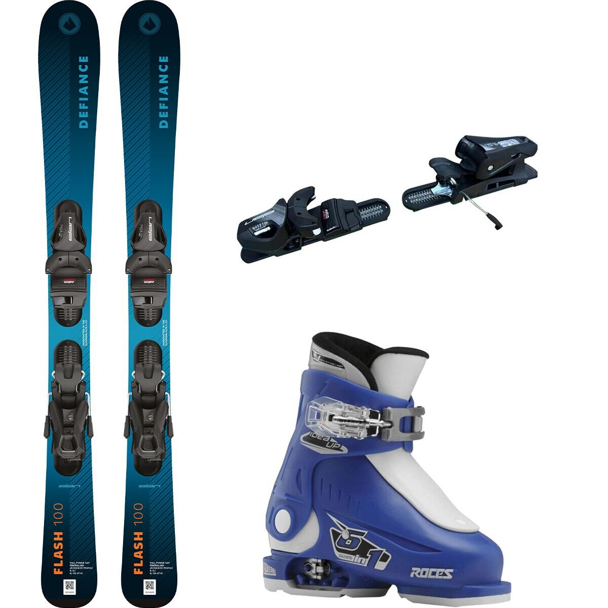 Image of Defiance Flash Junior Blue Ski Package + Roces Adj Ski Boot -2026 Blue, Blue/White, One Color, 80cm, 16.0-18.5, Yes Mount
