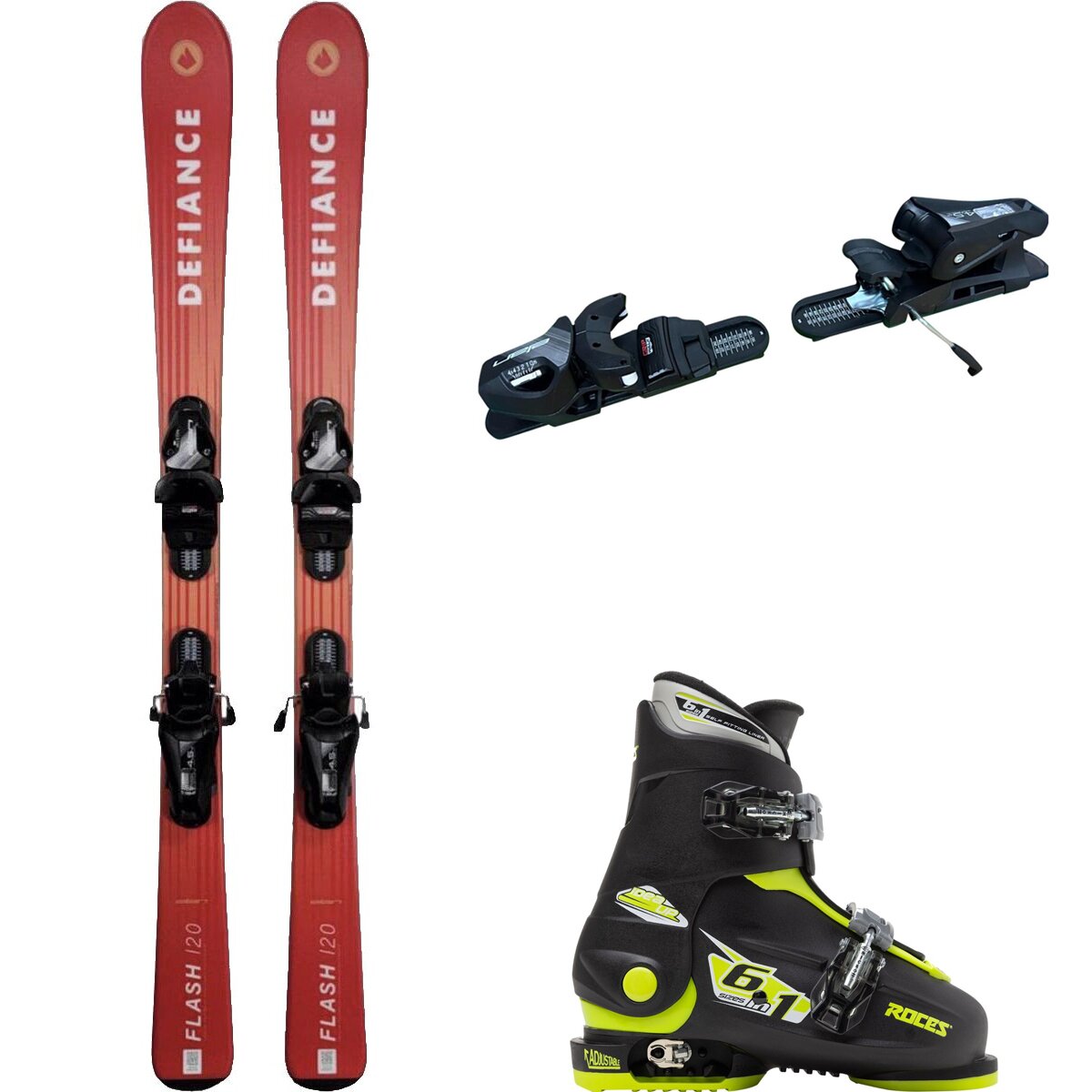 Image of Defiance Flash Jrs Ski + EL 4.5 Binding + Idea Up 2 Bkle Boot - 2024 Red/Blk/Blk/Lime, 120cm/OS/19.0-22.0