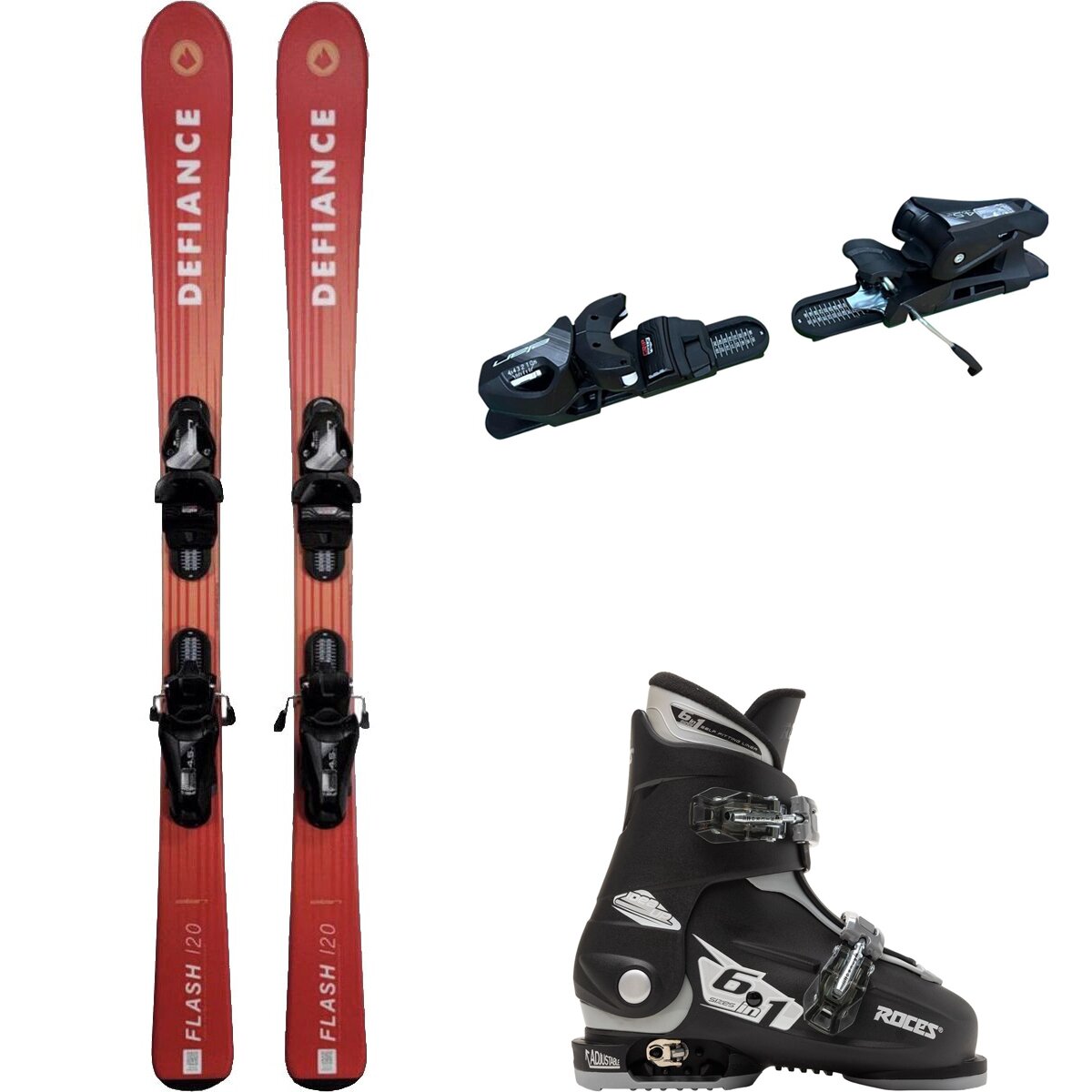 Image of Defiance Flash Jrs Ski + EL 4.5 Binding + Idea Up 2 Bkle Boot - 2024 Red/Blk/Blk/Silv, 110cm/OS/19.0-22.0