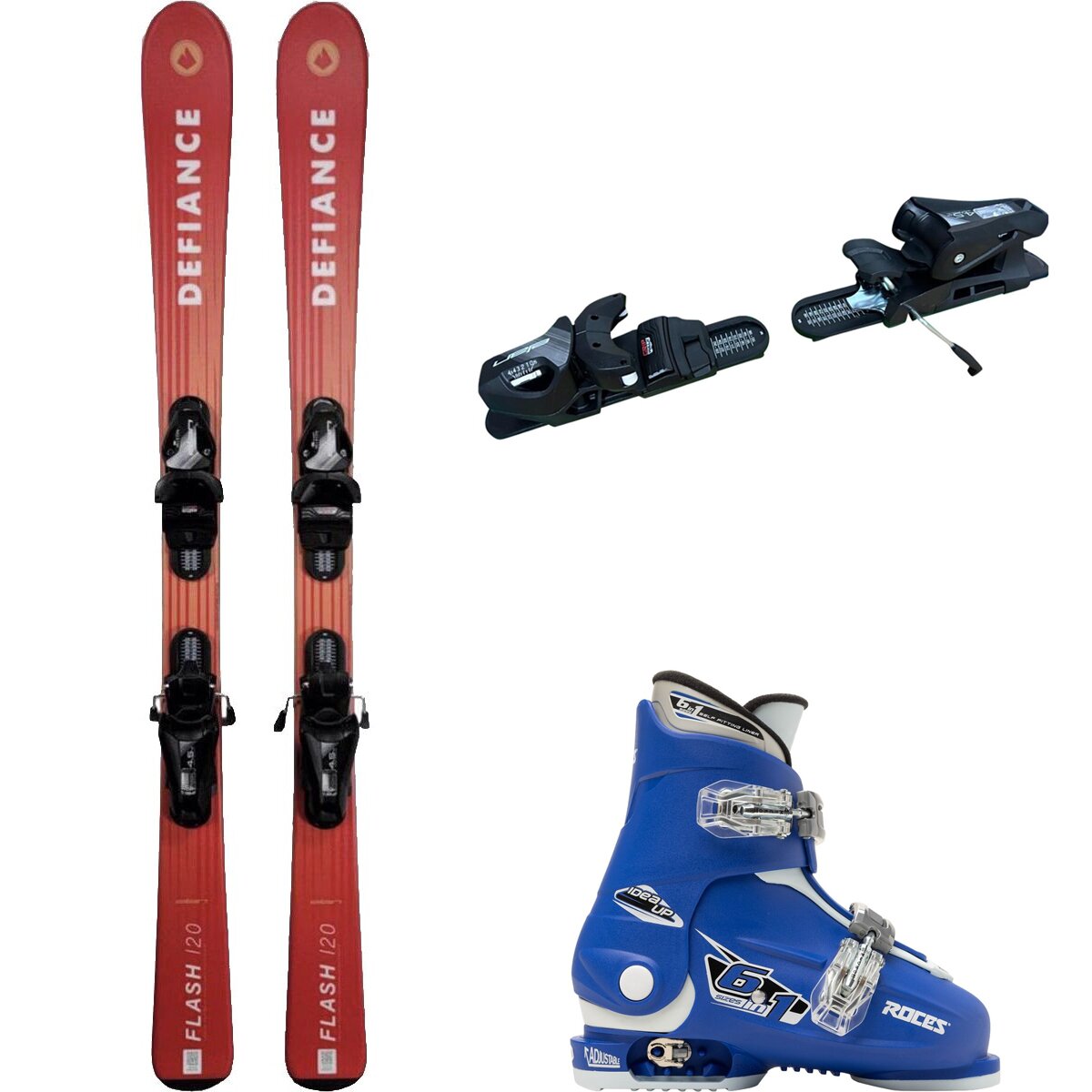 Image of Defiance Flash Jrs Ski + EL 4.5 Binding + Idea Up 2 Bkle Boot - 2024 Red/Blk/Blu/Wht, 110cm/OS/19.0-22.0