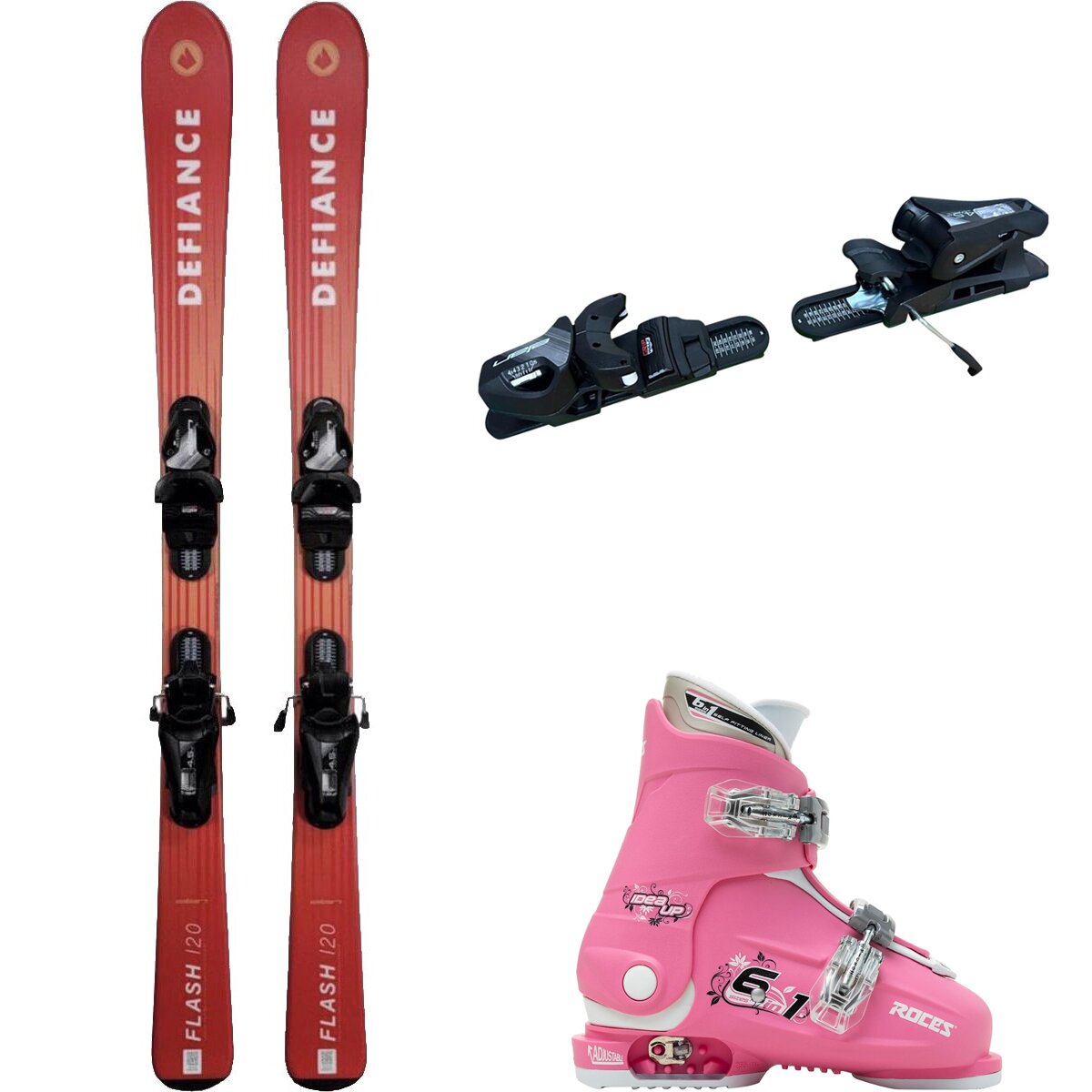 Image of Defiance Flash Jrs Ski + EL 4.5 Binding + Idea Up 2 Bkle Boot - 2024 Red/Blk/DeepPnk/Wht, 110cm/OS/19.0-22.0