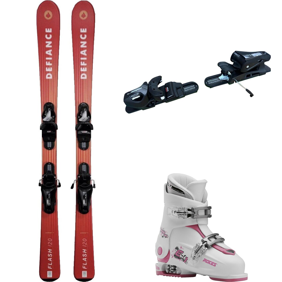 Image of Defiance Flash Jrs Ski + EL 4.5 Binding + Idea Up 2 Bkle Boot - 2024 Red/Blk/Wht/DeepPnk, 110cm/OS/19.0-22.0