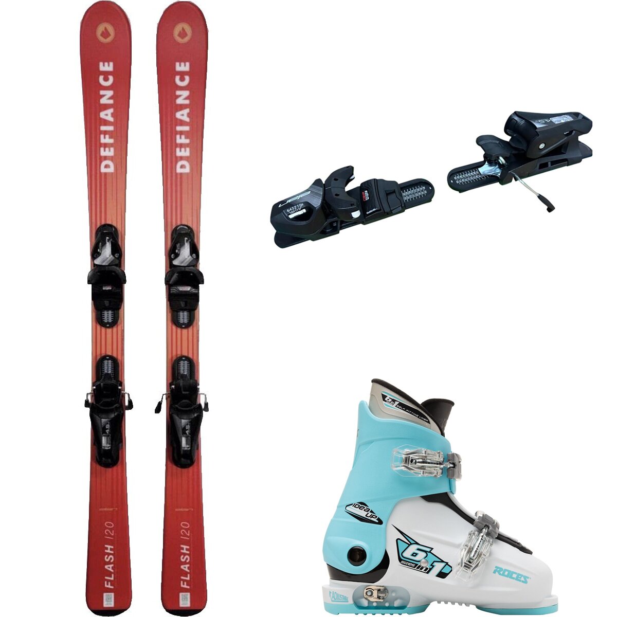 Image of Defiance Flash Jrs Ski + EL 4.5 Binding + Idea Up 2 Bkle Boot - 2024 Red/Blk/Wht/Lt Blu, 110cm/OS/19.0-22.0