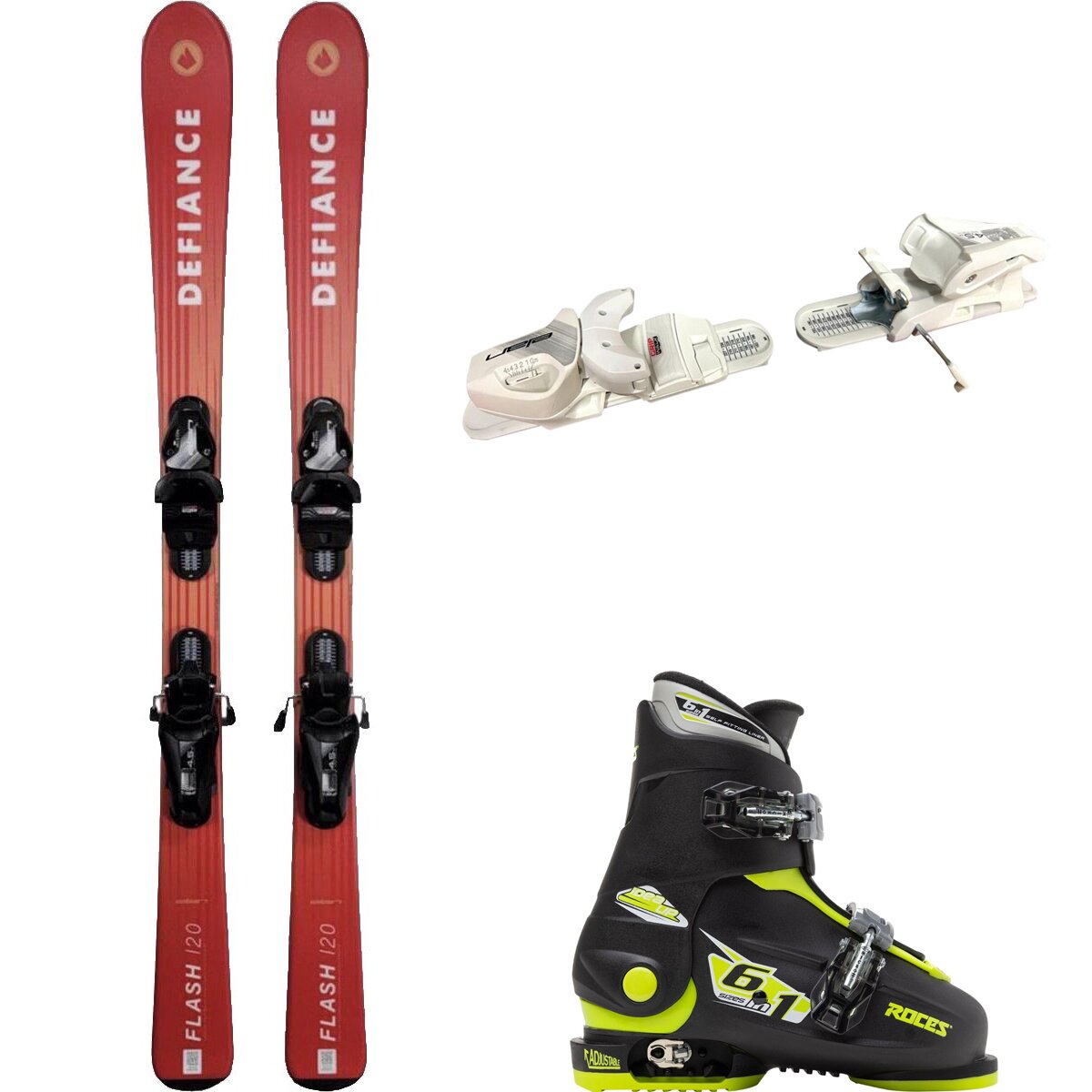 Image of Defiance Flash Jrs Ski + EL 4.5 Binding + Idea Up 2 Bkle Boot - 2024 Red/Wht/Blk/Lime, 120cm/OS/19.0-22.0