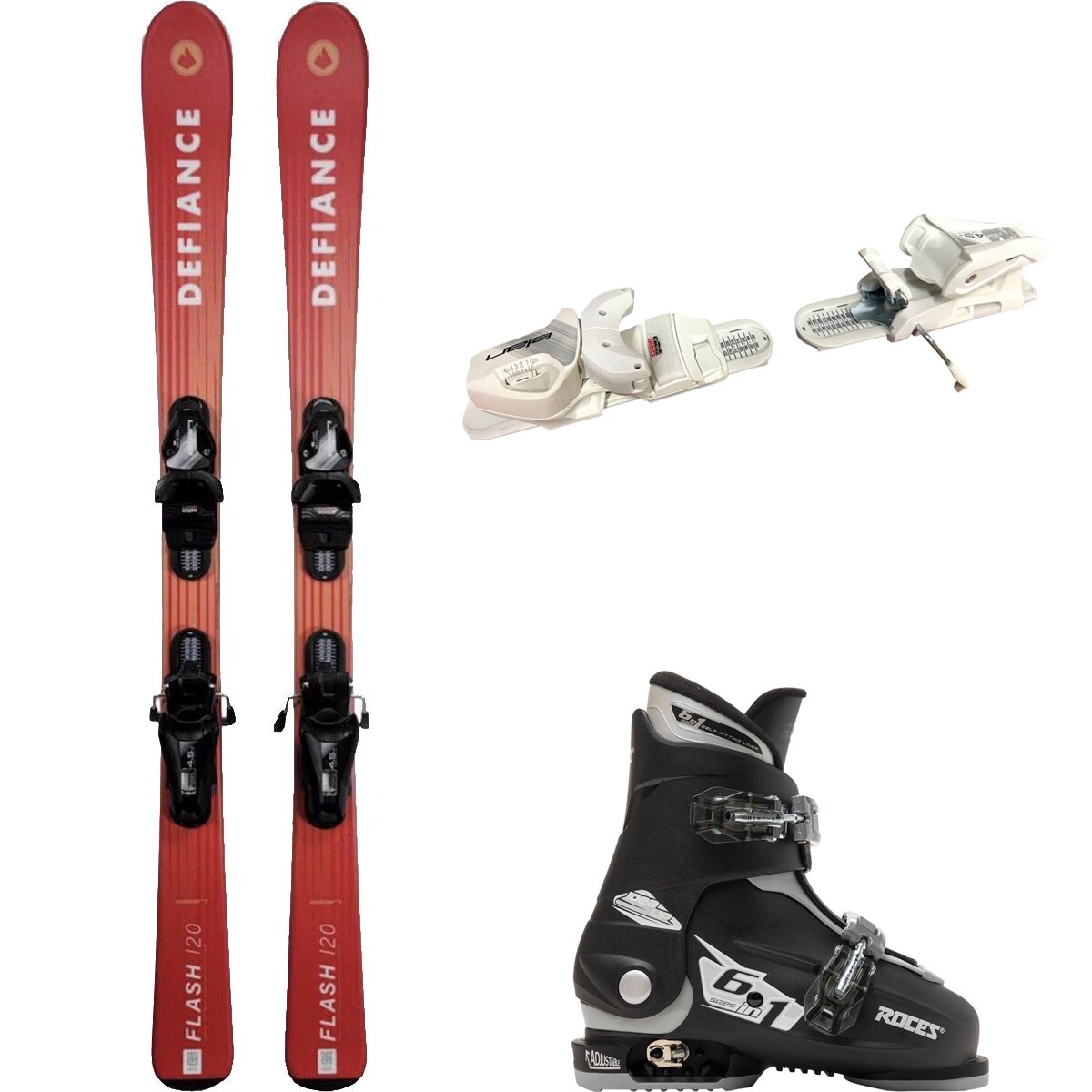 Image of Defiance Flash Jrs Ski + EL 4.5 Binding + Idea Up 2 Bkle Boot - 2024 Red/Wht/Blk/Silv, 110cm/OS/19.0-22.0