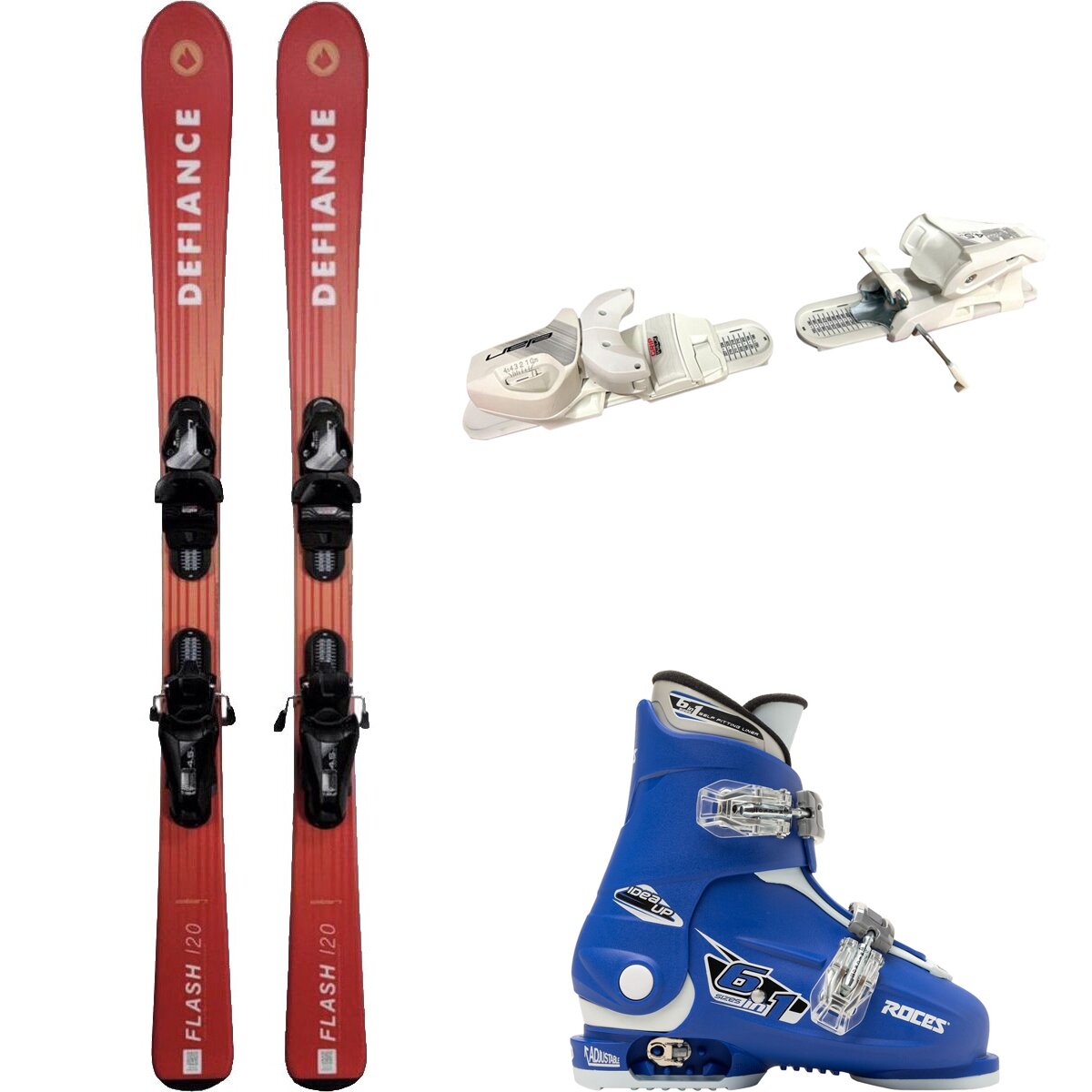 Image of Defiance Flash Jrs Ski + EL 4.5 Binding + Idea Up 2 Bkle Boot - 2024 Red/Wht/Blu/Wht, 120cm/OS/19.0-22.0