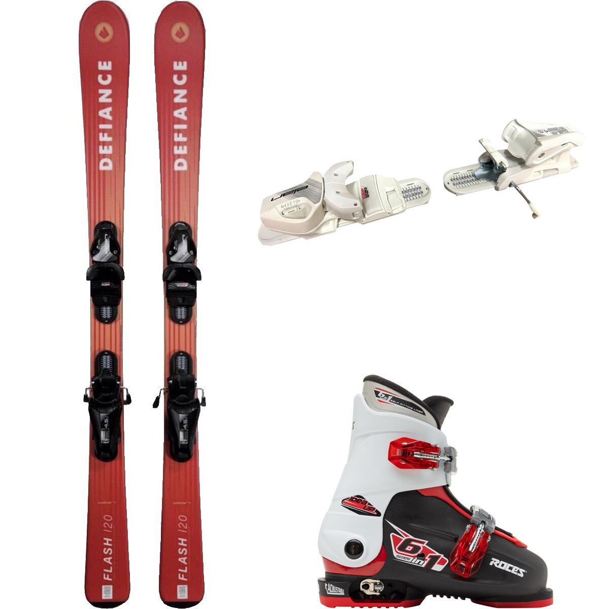 Image of Defiance Flash Jrs Ski + EL 4.5 Binding + Idea Up 2 Bkle Boot - 2024 Red/Wht/Blk/Wht/Red, 110cm/OS/19.0-22.0