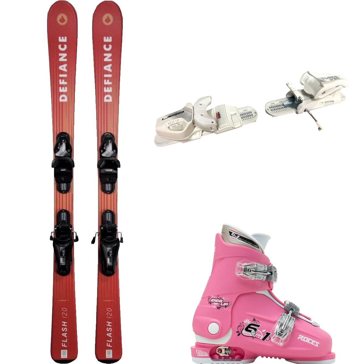 Image of Defiance Flash Jrs Ski + EL 4.5 Binding + Idea Up 2 Bkle Boot - 2024 Red/Wht/DeepPnk/Wht, 110cm/OS/19.0-22.0