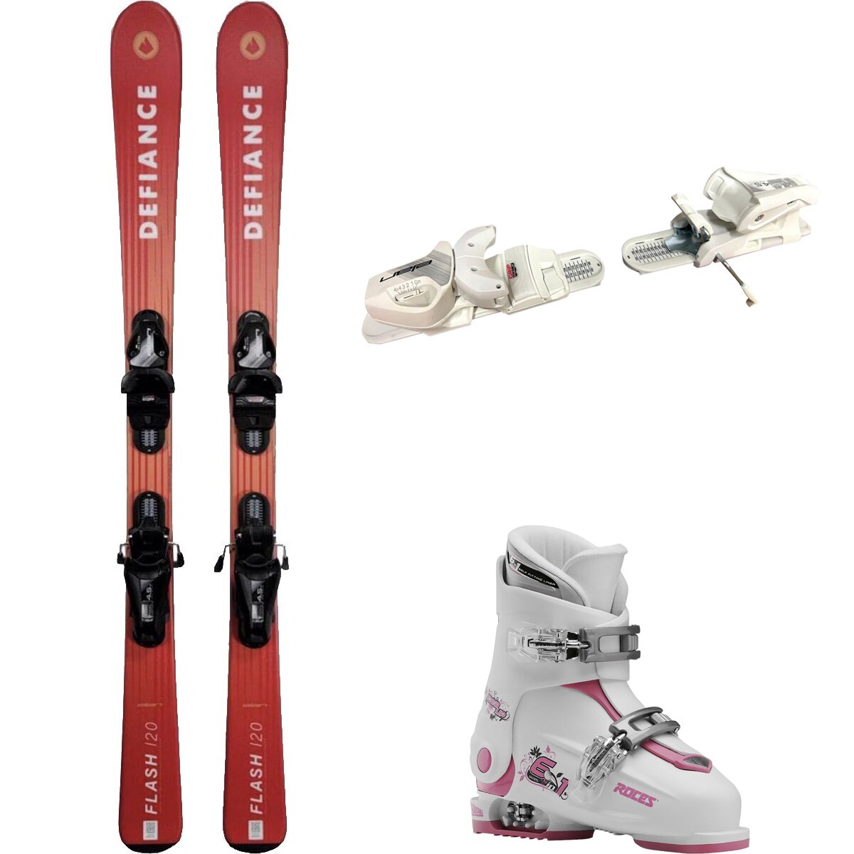 Image of Defiance Flash Jrs Ski + EL 4.5 Binding + Idea Up 2 Bkle Boot - 2024 Red/Wht/Wht/DeepPnk, 120cm/OS/19.0-22.0