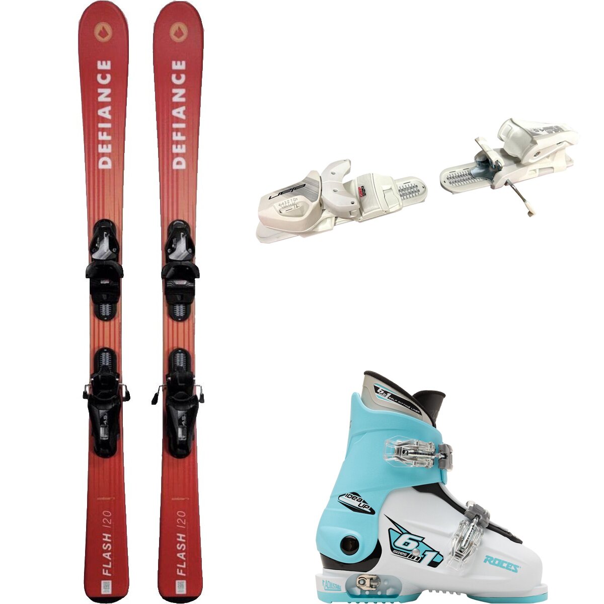 Image of Defiance Flash Jrs Ski + EL 4.5 Binding + Idea Up 2 Bkle Boot - 2024 Red/Wht/Wht/Lt Blu, 110cm/OS/19.0-22.0