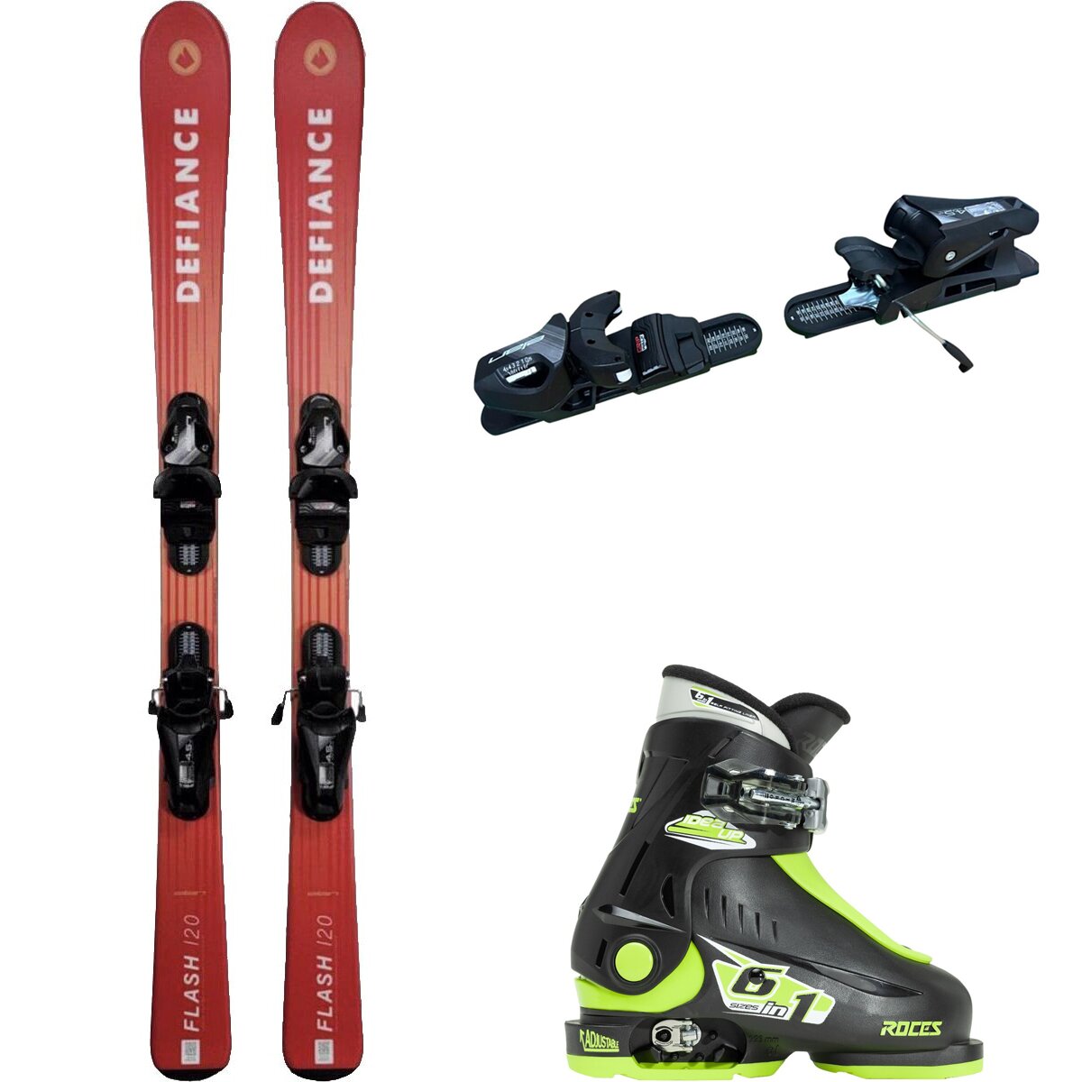 Image of Defiance Flash Jrs Ski + EL 4.5 Binding + Idea Up Boot - 2024 Red/Blk/Blk/Lime, 120cm/OS/16.0-18.5