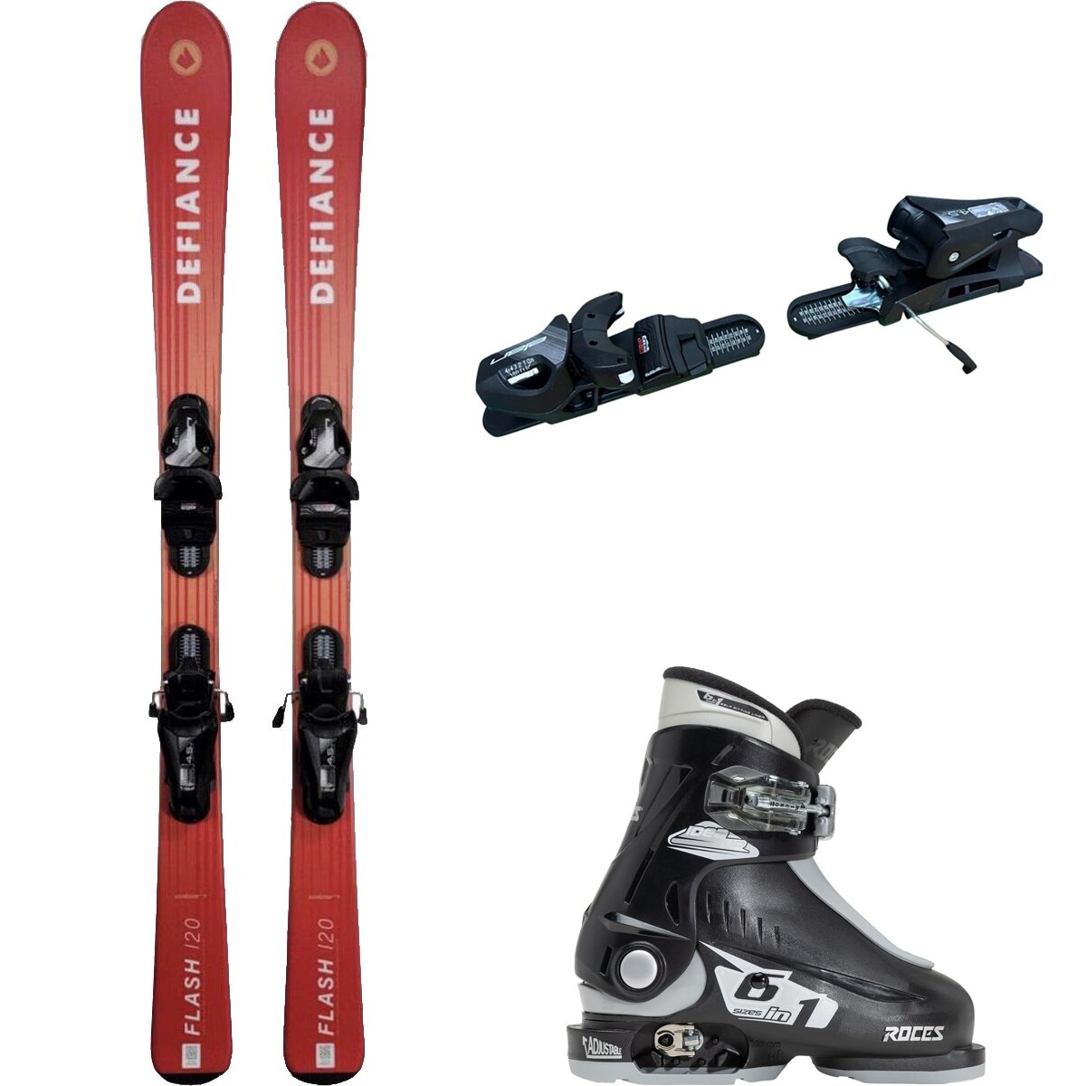 Image of Defiance Flash Jrs Ski + EL 4.5 Binding + Idea Up Boot - 2024 Red/Blk/Blk/Silv, 110cm/OS/16.0-18.5