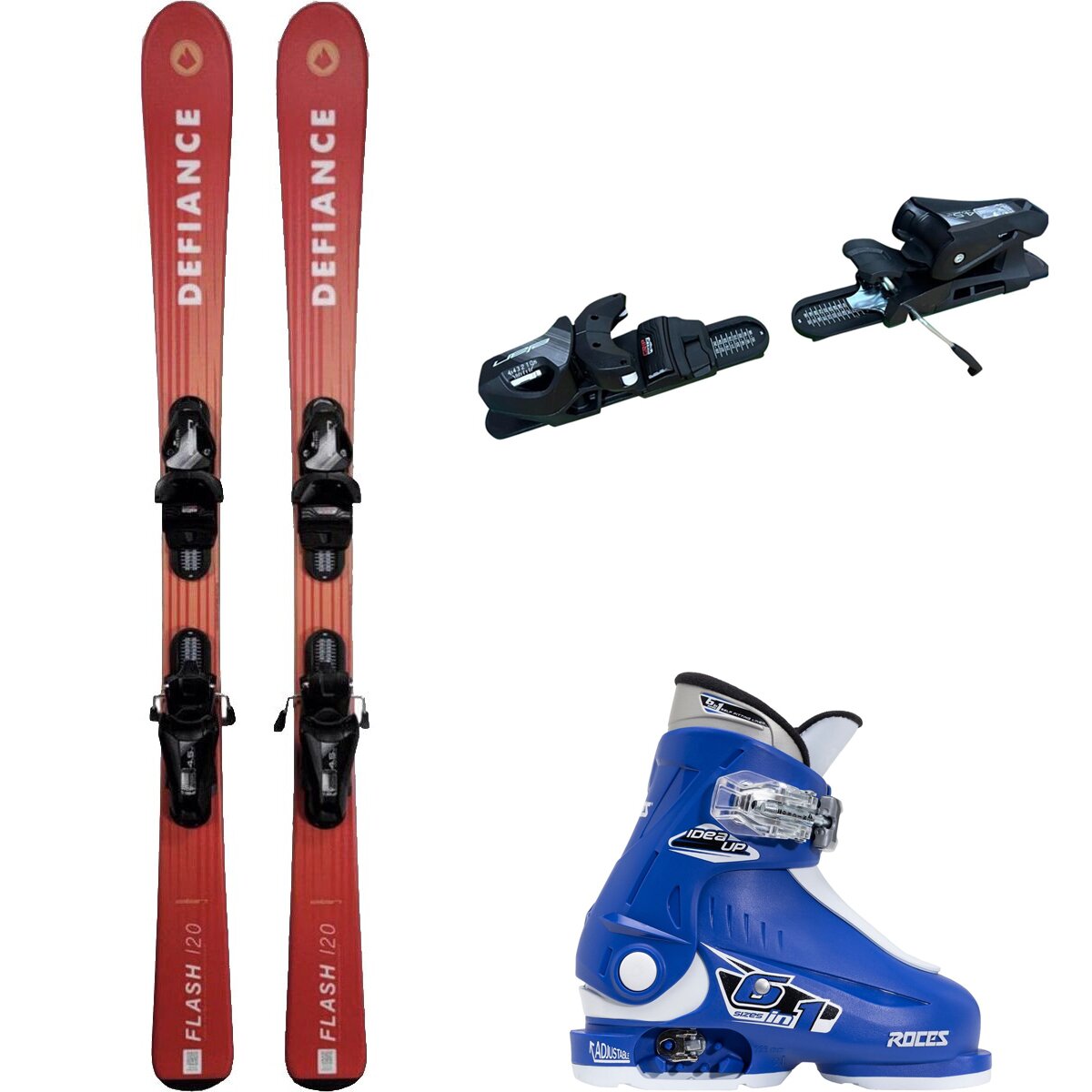 Image of Defiance Flash Jrs Ski + EL 4.5 Binding + Idea Up Boot - 2024 Red/Blk/Blu/Wht, 120cm/OS/16.0-18.5