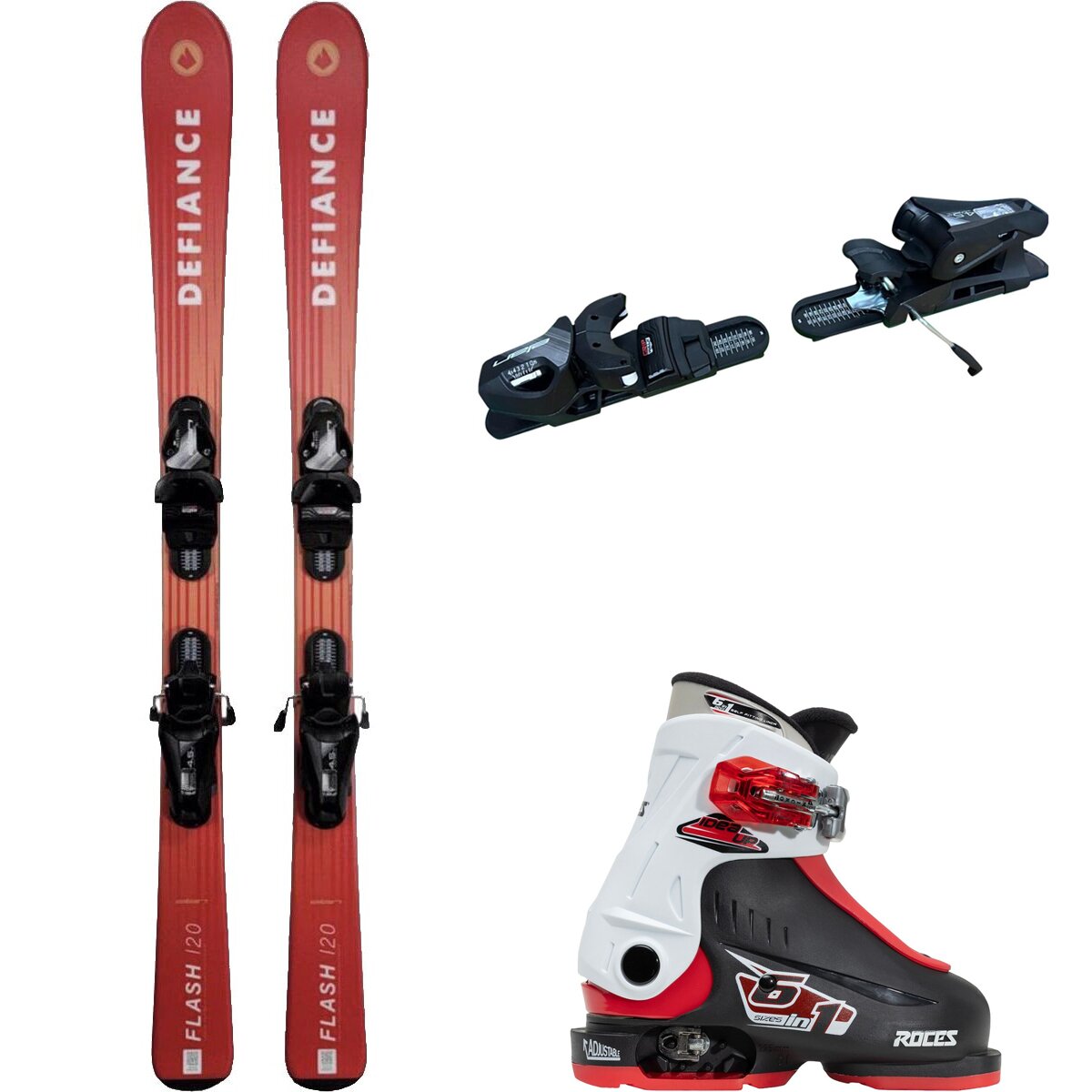 Image of Defiance Flash Jrs Ski + EL 4.5 Binding + Idea Up Boot - 2024 Red/Blk/Blk/Wht/Red, 120cm/OS/16.0-18.5