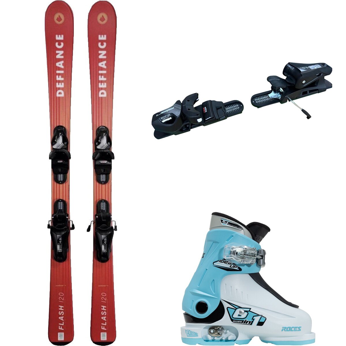 Image of Defiance Flash Jrs Ski + EL 4.5 Binding + Idea Up Boot - 2024 Red/Blk/Wht/Lt Blu, 110cm/OS/16.0-18.5