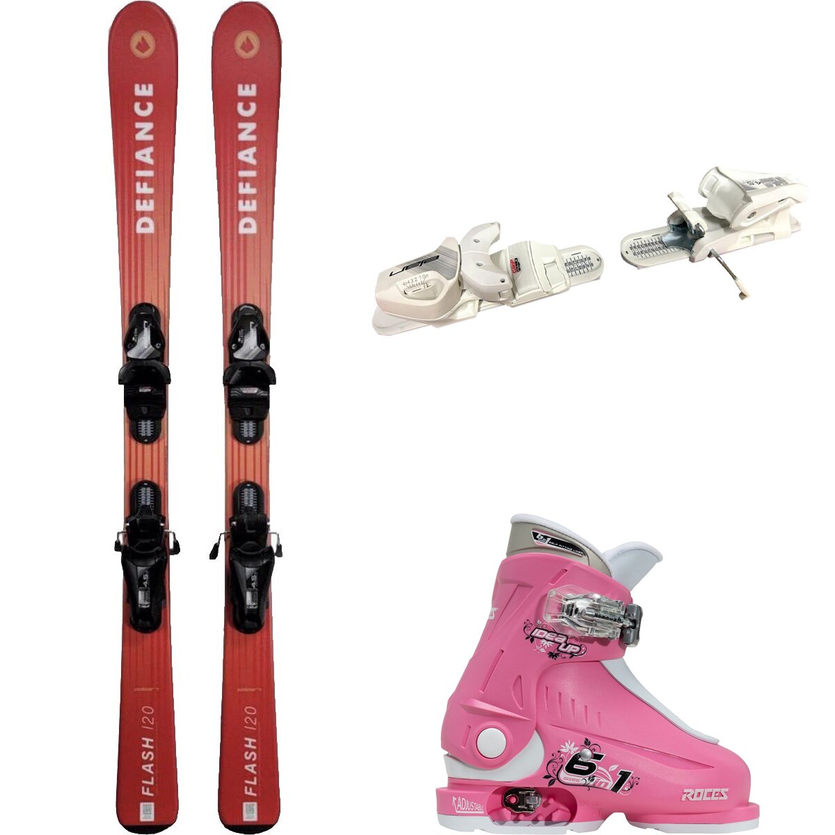 Image of Defiance Flash Jrs Ski + EL 4.5 Binding + Idea Up Boot - 2024 Red/Wht/Pnk, 110cm/OS/16.0-18.5