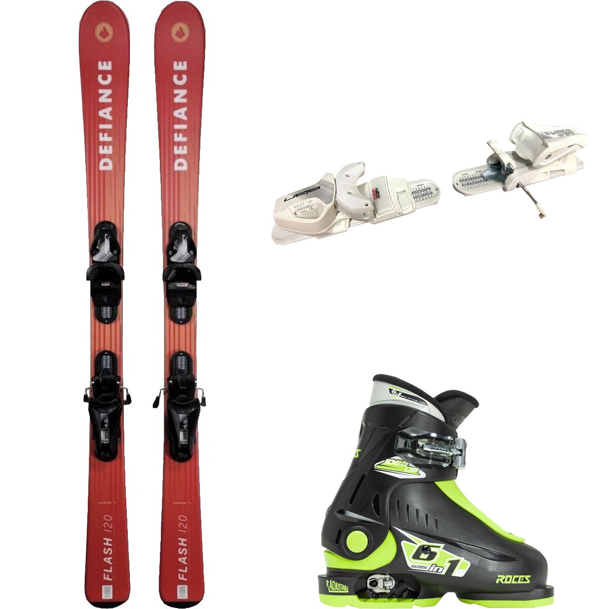 Image of Defiance Flash Jrs Ski + EL 4.5 Binding + Idea Up Boot - 2024 Red/Wht/Blk/Lime, 120cm/OS/16.0-18.5