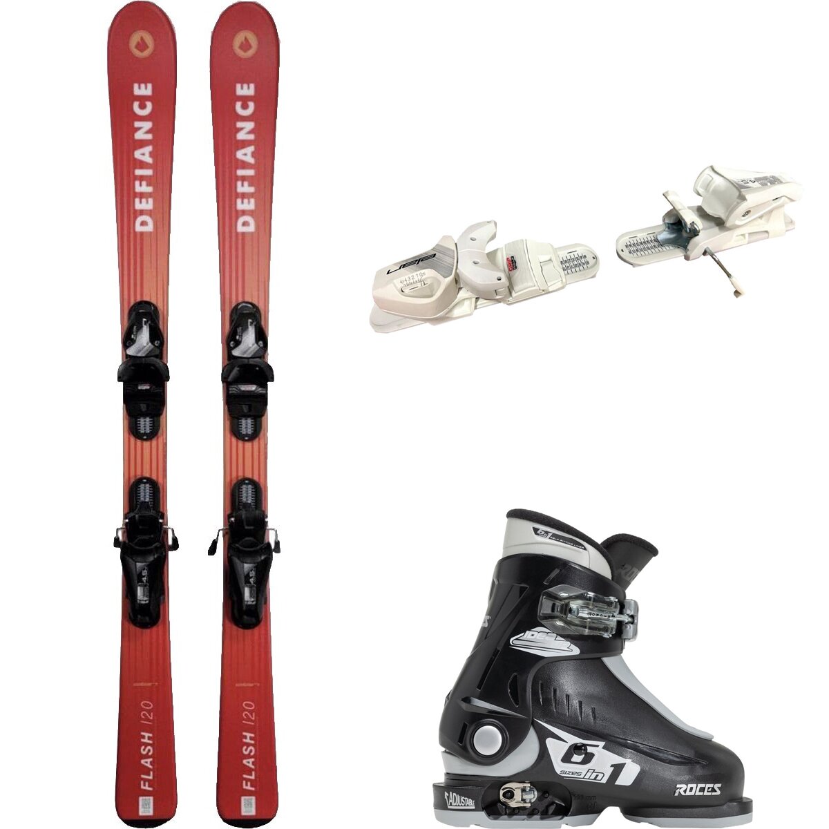 Image of Defiance Flash Jrs Ski + EL 4.5 Binding + Idea Up Boot - 2024 Red/Wht/Blk/Silv, 110cm/OS/16.0-18.5