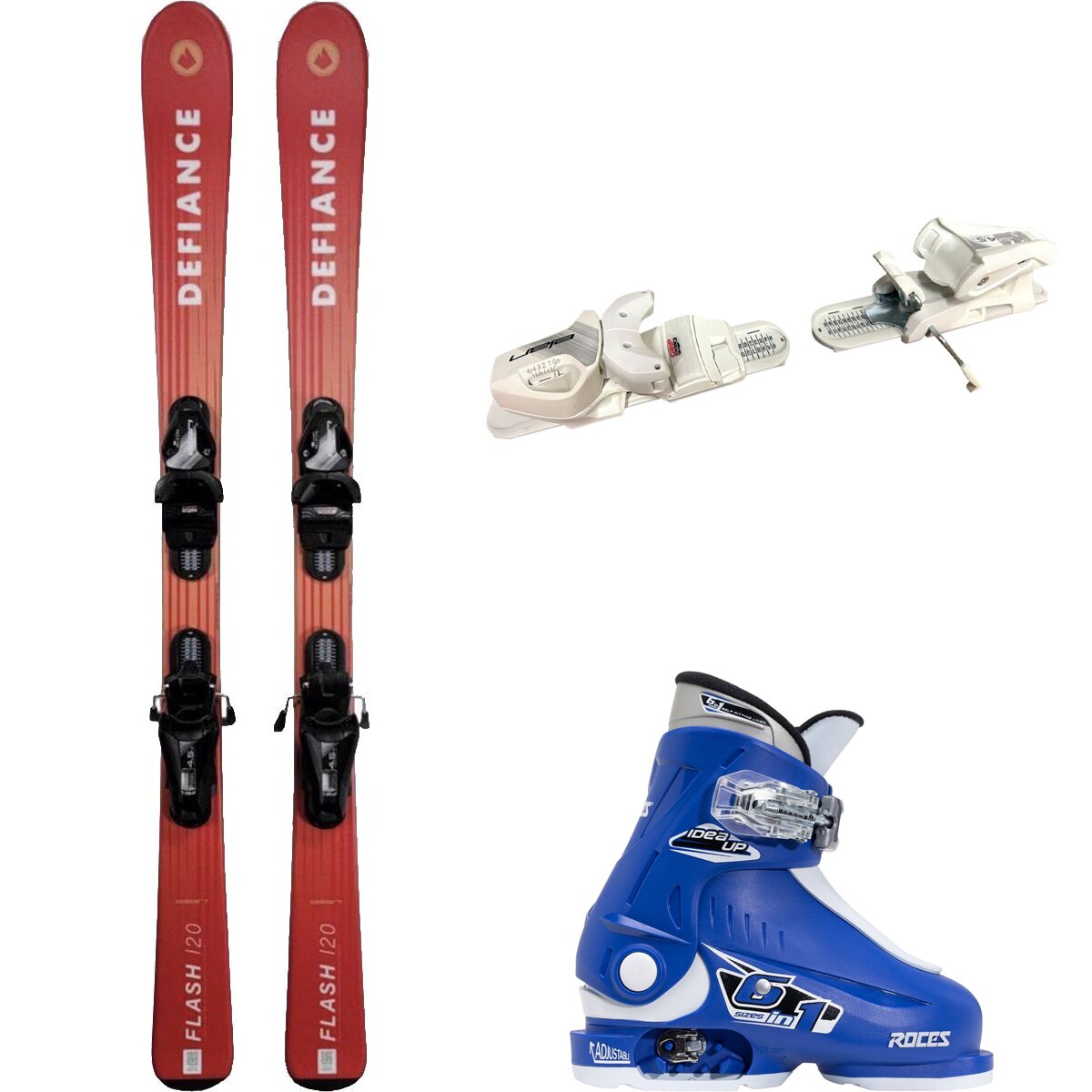 Image of Defiance Flash Jrs Ski + EL 4.5 Binding + Idea Up Boot - 2024 Red/Wht/Blu/Wht, 120cm/OS/16.0-18.5