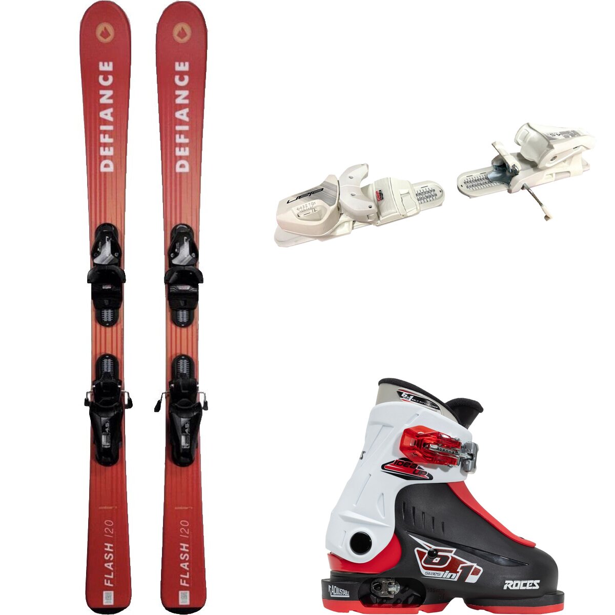 Image of Defiance Flash Jrs Ski + EL 4.5 Binding + Idea Up Boot - 2024 Red/Wht/Blk/Wht/Red, 110cm/OS/16.0-18.5