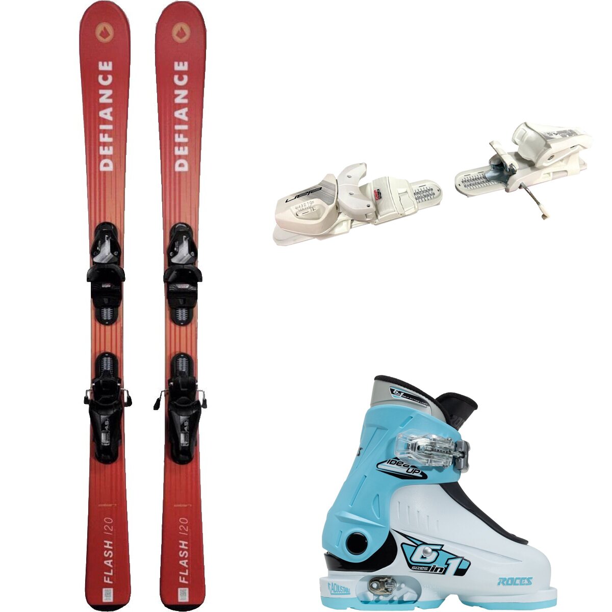 Image of Defiance Flash Jrs Ski + EL 4.5 Binding + Idea Up Boot - 2024 Red/Wht/Wht/Lt Blu, 110cm/OS/16.0-18.5
