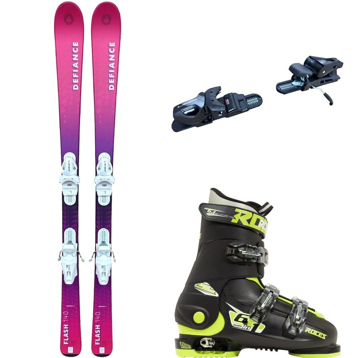 Image of Defiance Flash Jrs Ski + EL 7.5 Binding + Idea Free Boot - 2025 Pnk/Blk/Blk/Lime, 140cm/OS/22.5-25.5