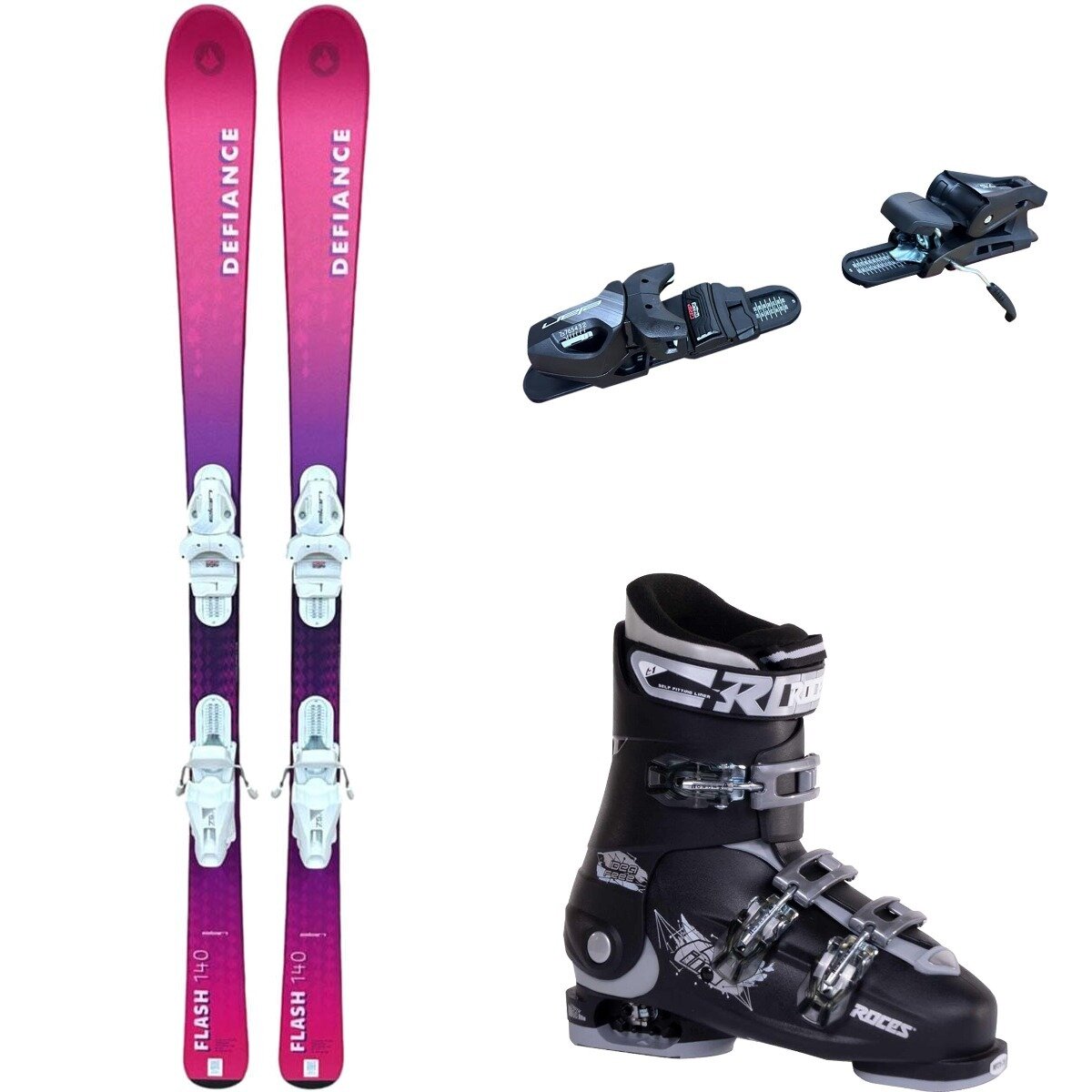 Image of Defiance Flash Jrs Ski + EL 7.5 Binding + Idea Free Boot - 2025 Pnk/Blk/Blk/Silv, 140cm/OS/22.5-25.5