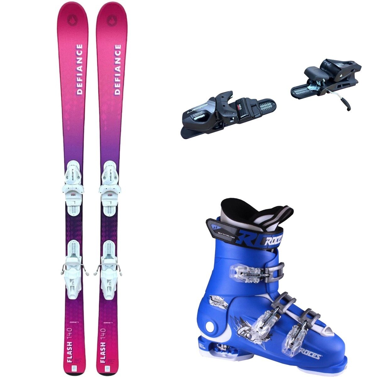 Image of Defiance Flash Jrs Ski + EL 7.5 Binding + Idea Free Boot - 2025 Pnk/Blk/Blu/Wht, 140cm/OS/22.5-25.5