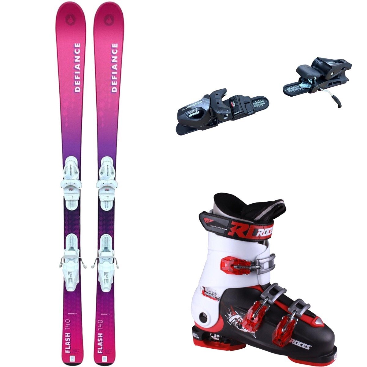 Image of Defiance Flash Jrs Ski + EL 7.5 Binding + Idea Free Boot - 2025 Pnk/Blk/Blk/Wht/Red, 140cm/OS/22.5-25.5