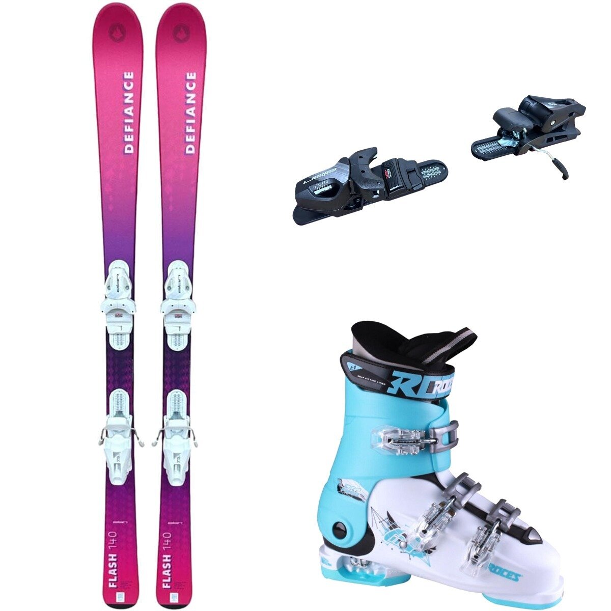 Image of Defiance Flash Jrs Ski + EL 7.5 Binding + Idea Free Boot - 2025 Pnk/Blk/Wht/Lt Blu, 140cm/OS/22.5-25.5