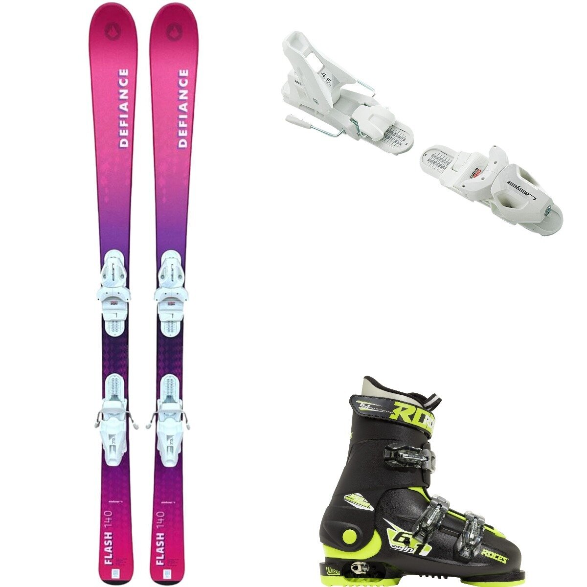 Image of Defiance Flash Jrs Ski + EL 7.5 Binding + Idea Free Boot - 2025 Pnk/Wht/Blk/Lime, 140cm/OS/22.5-25.5