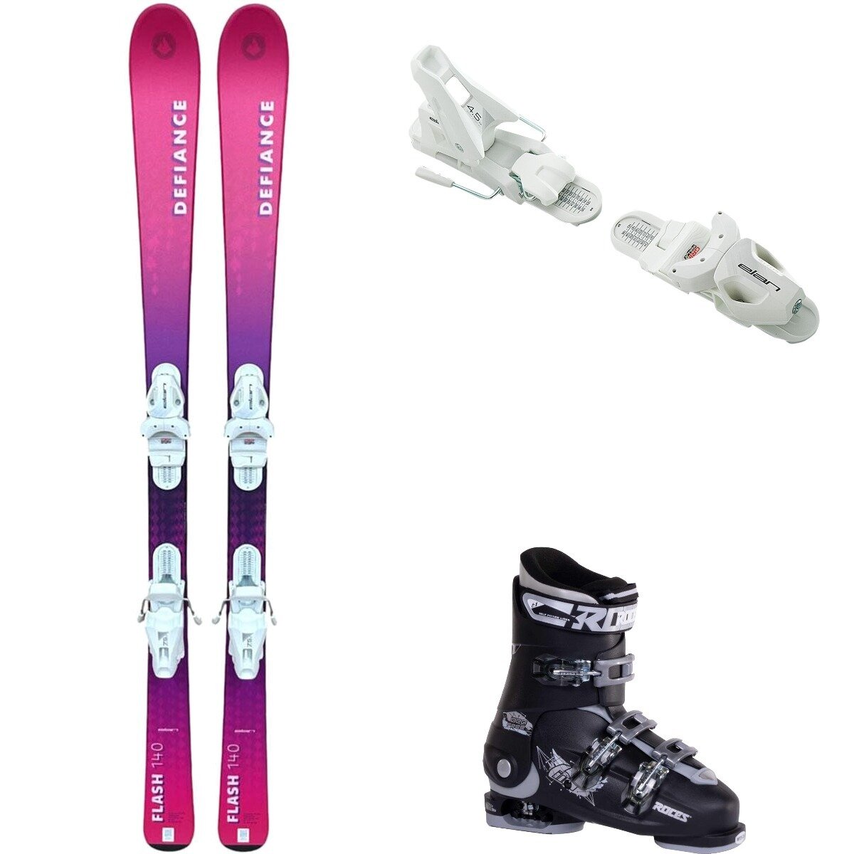 Image of Defiance Flash Jrs Ski + EL 7.5 Binding + Idea Free Boot - 2025 Pnk/Wht/Blk/Silv, 140cm/OS/22.5-25.5