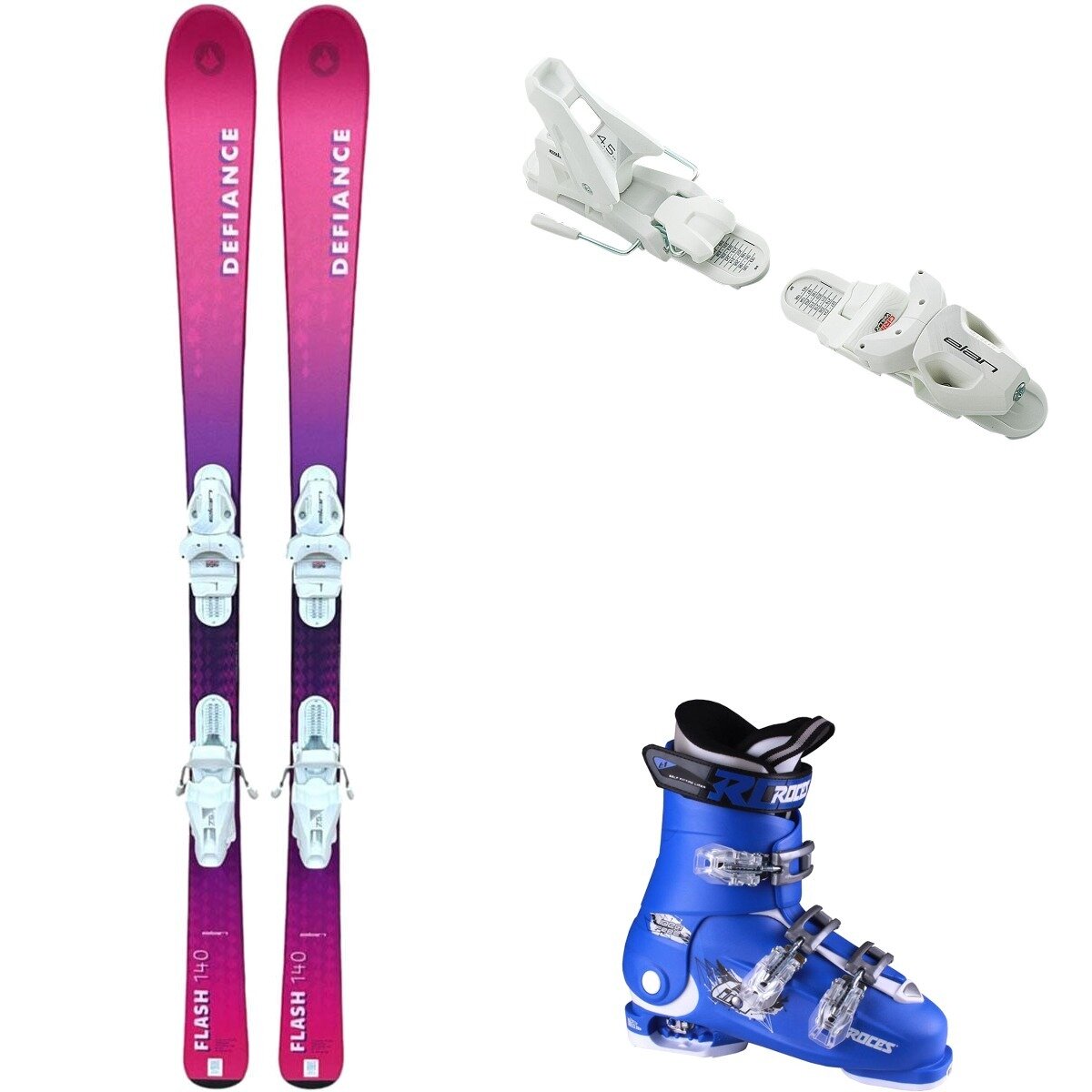 Image of Defiance Flash Jrs Ski + EL 7.5 Binding + Idea Free Boot - 2025 Pnk/Wht/Blu/Wht, 140cm/OS/22.5-25.5